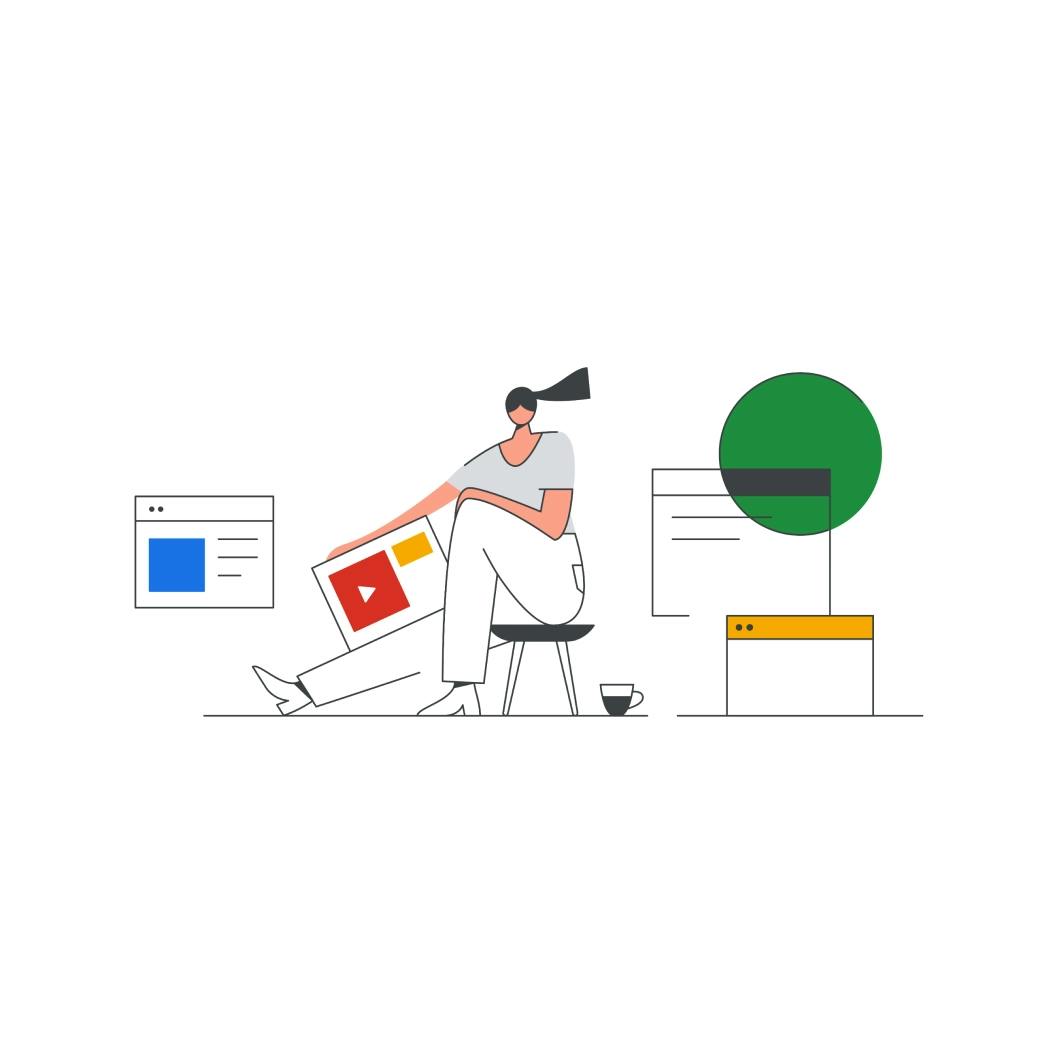 Illustration of a person sitting on a chair surrounded by abstract user interfaces