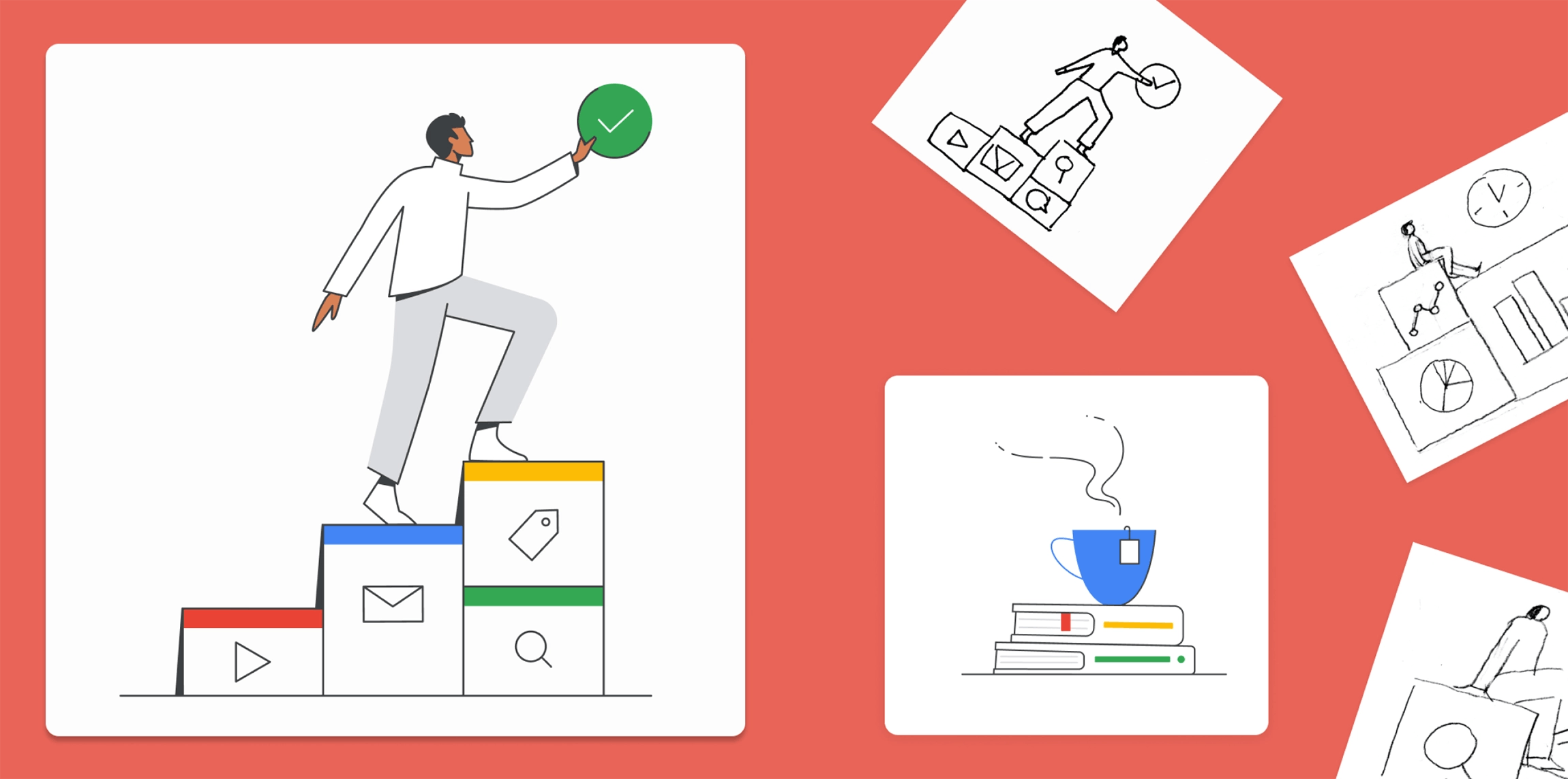 A group of illustrations including a person reaching out to a checkmark while standing on blocks that represent different services, a hot beverage on a stack of books, and pencil sketches