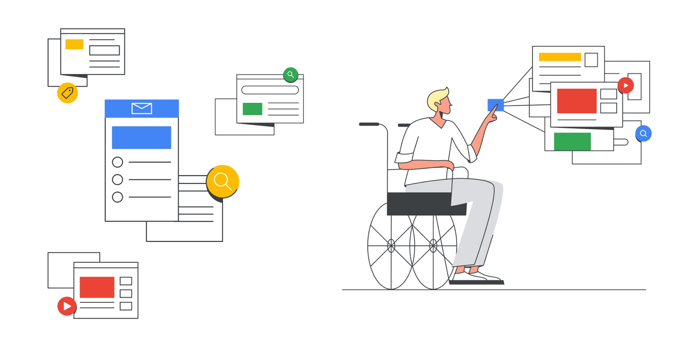 Group of illustrations including abstract user interfaces for different services and a wheelchair user interacting with an interface