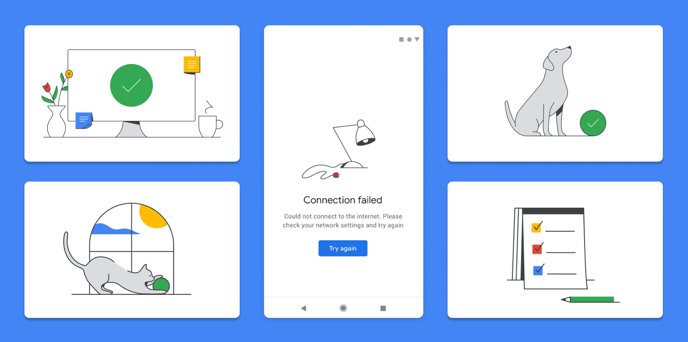 Group of various illustrations including a monitor, a cat, a lamp, a dog, and a notepad and pencil