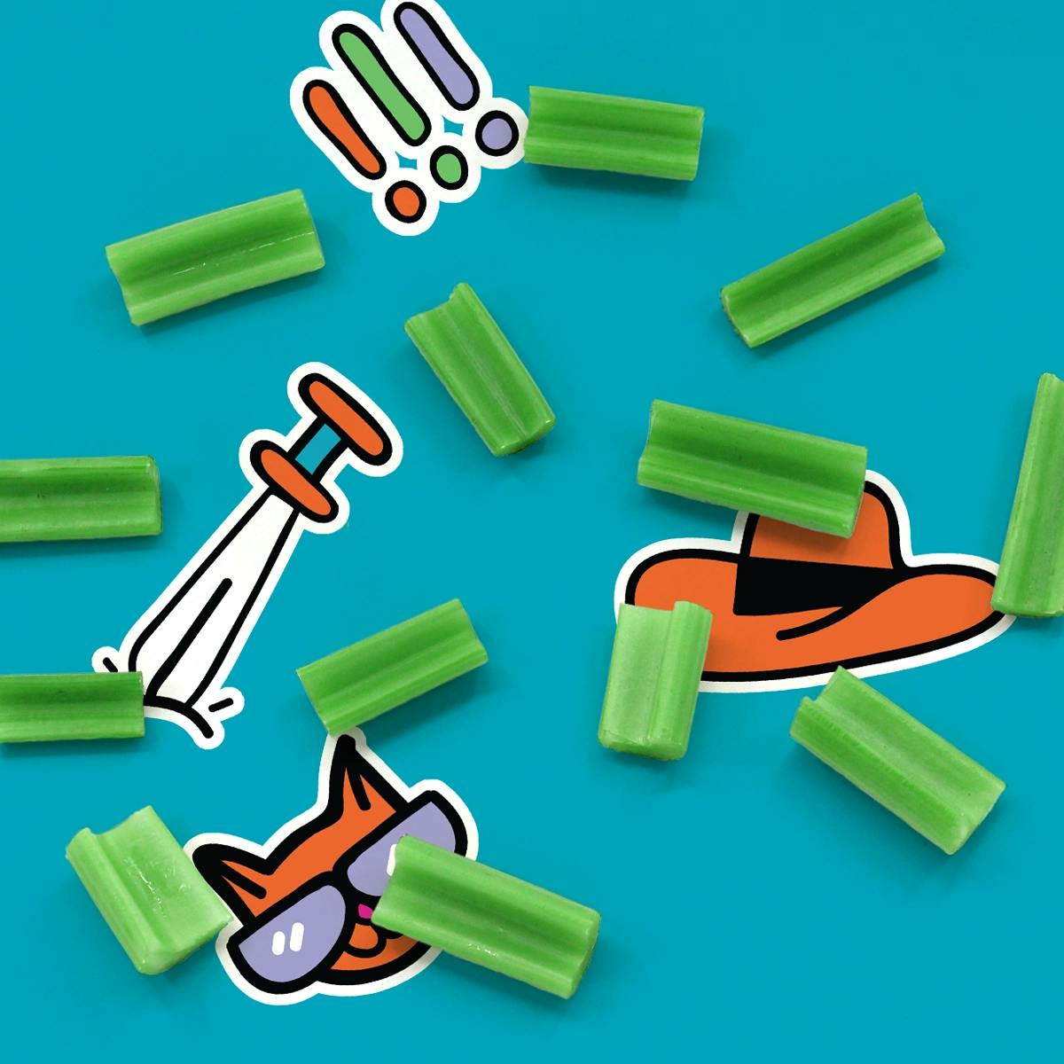 Celery pieces with edible stickers