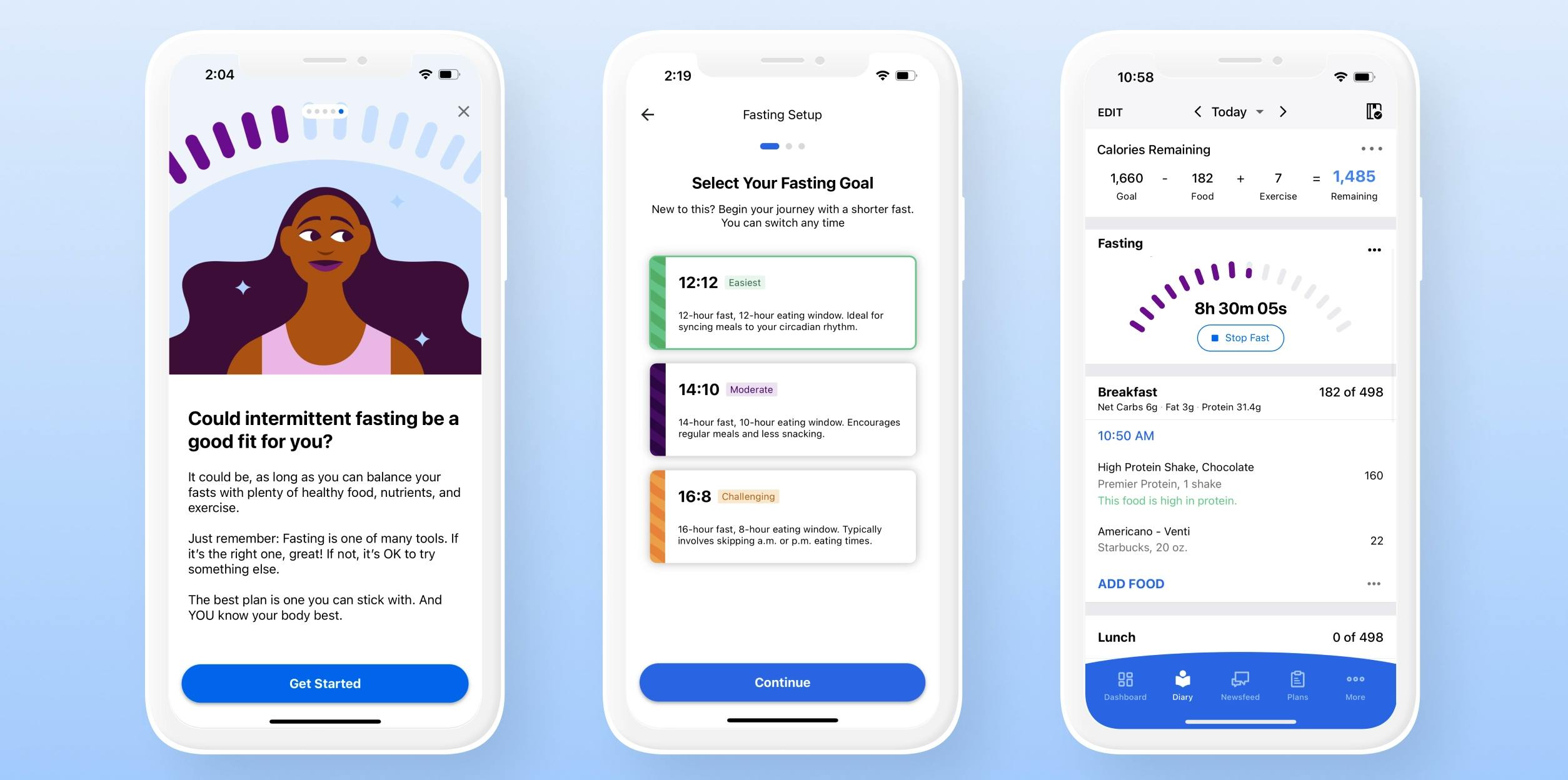 Mobile screens for the intermittent fasting feature