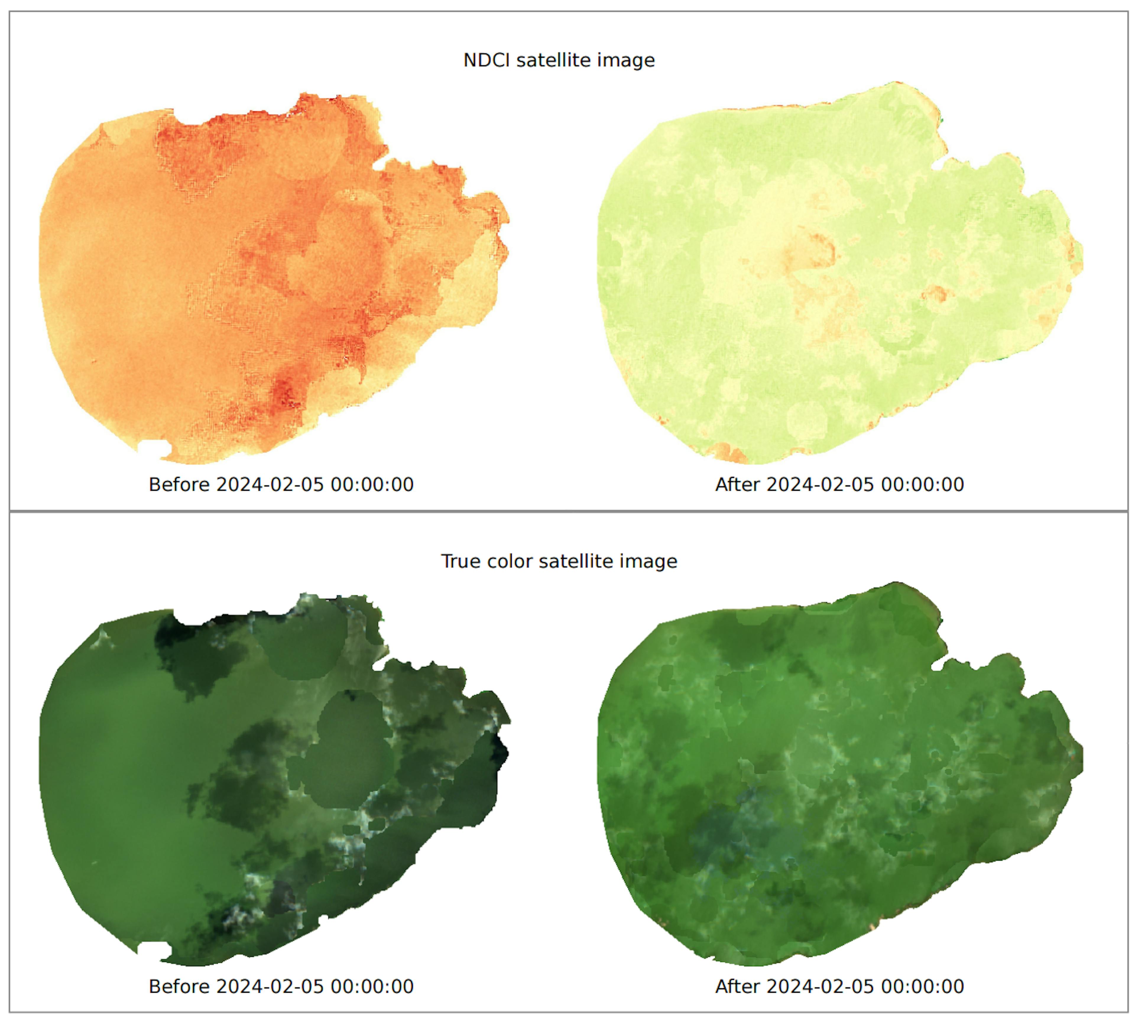 NDCI highlighting a significant algae bloom in February 2024