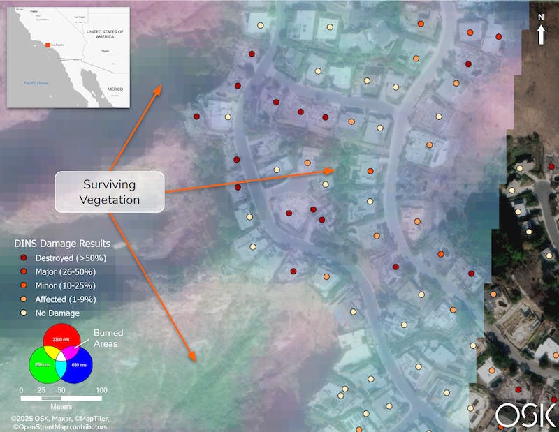 RGB composite identifying fire-impacted areas in the Palisades region overlaid on Maxar post-fire imagery