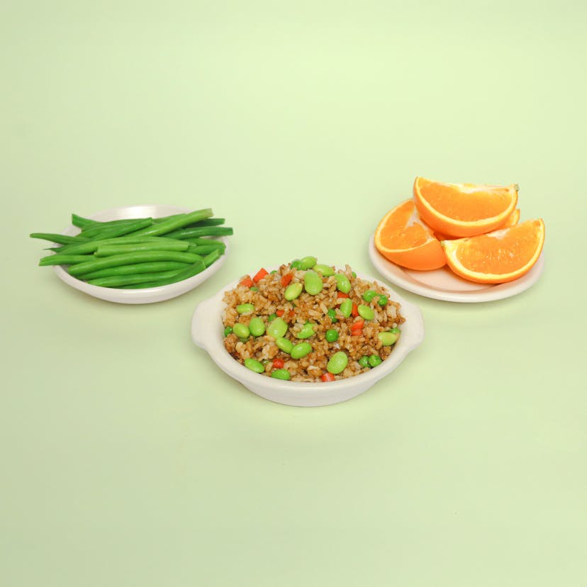 Edamame & Veggie Fried Rice with Fresh Green Beans & Orange Wedges