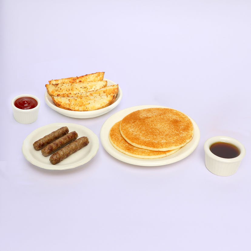 Cinnamon Pancakes & Turkey Sausage with Potato Wedges
