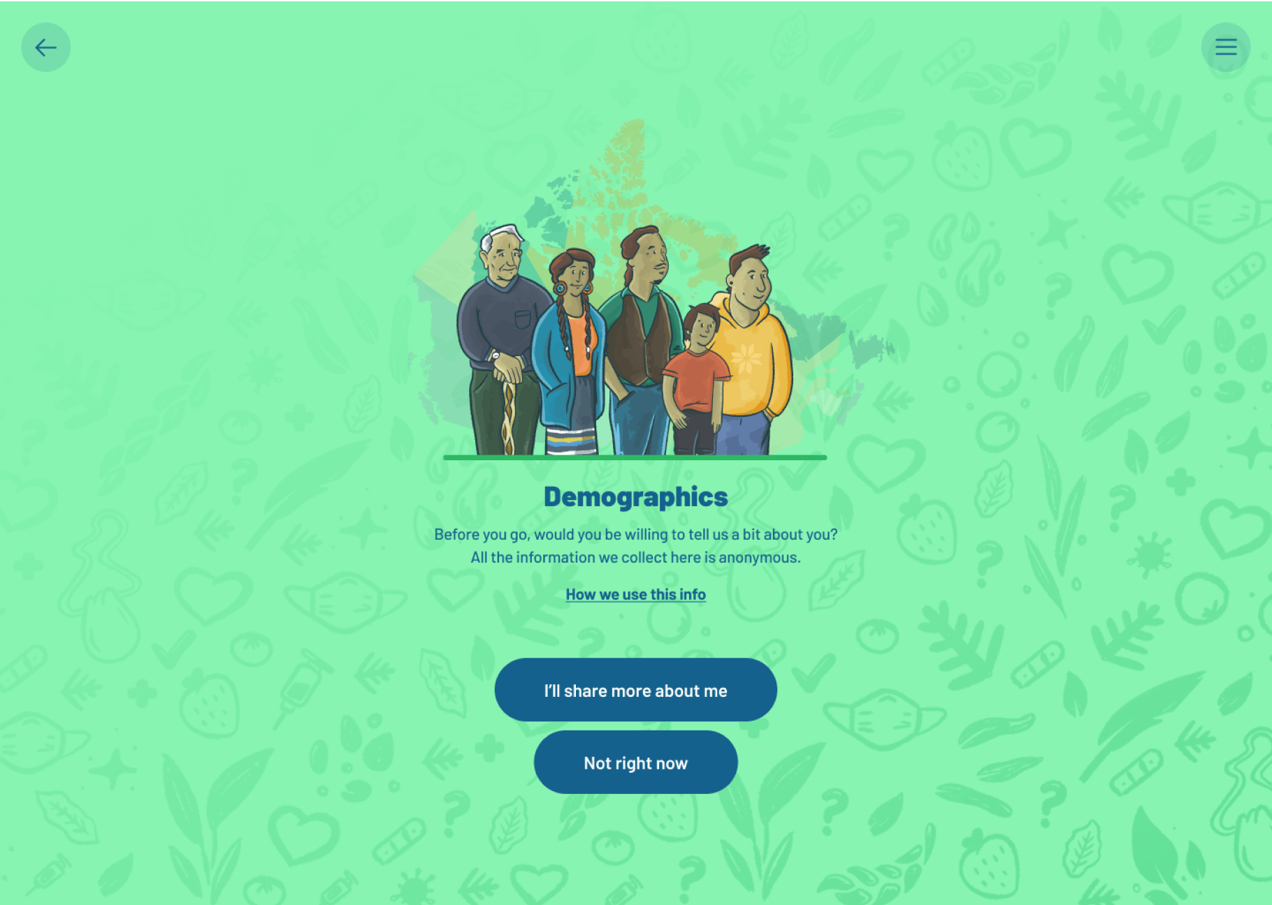 A screenshot of the demographics prompt page, which includes an illustrated image of a diverse group of indigenous people standing together. Below them the text reads “Before you go, would you be willing to tell us a bit about you? All the information we collect here is anonymous”. The buttons “I’ll share more about me”, and “Not right now” fall below the text.