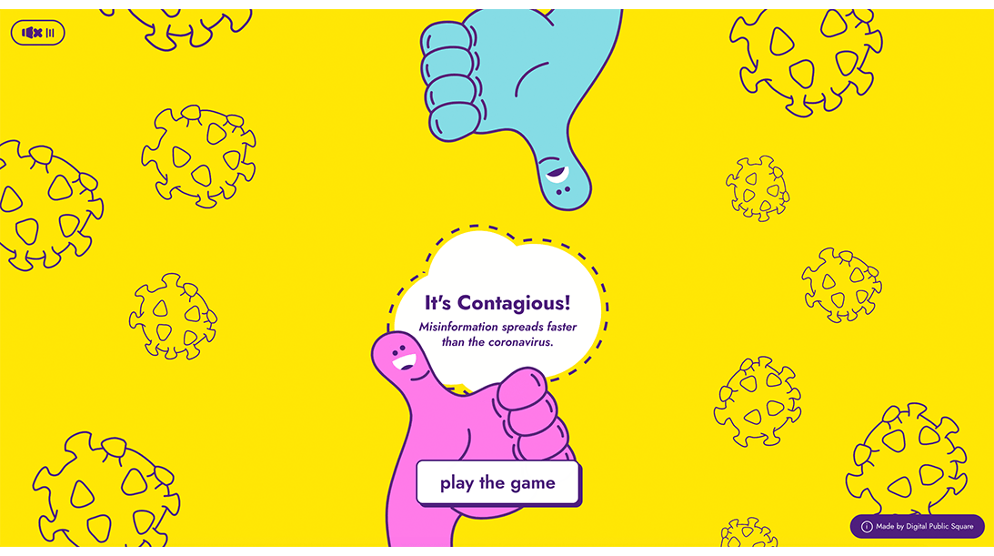 Introduction screen for It's Contagious, featuring to playful thumbs up / thumbs down characters
