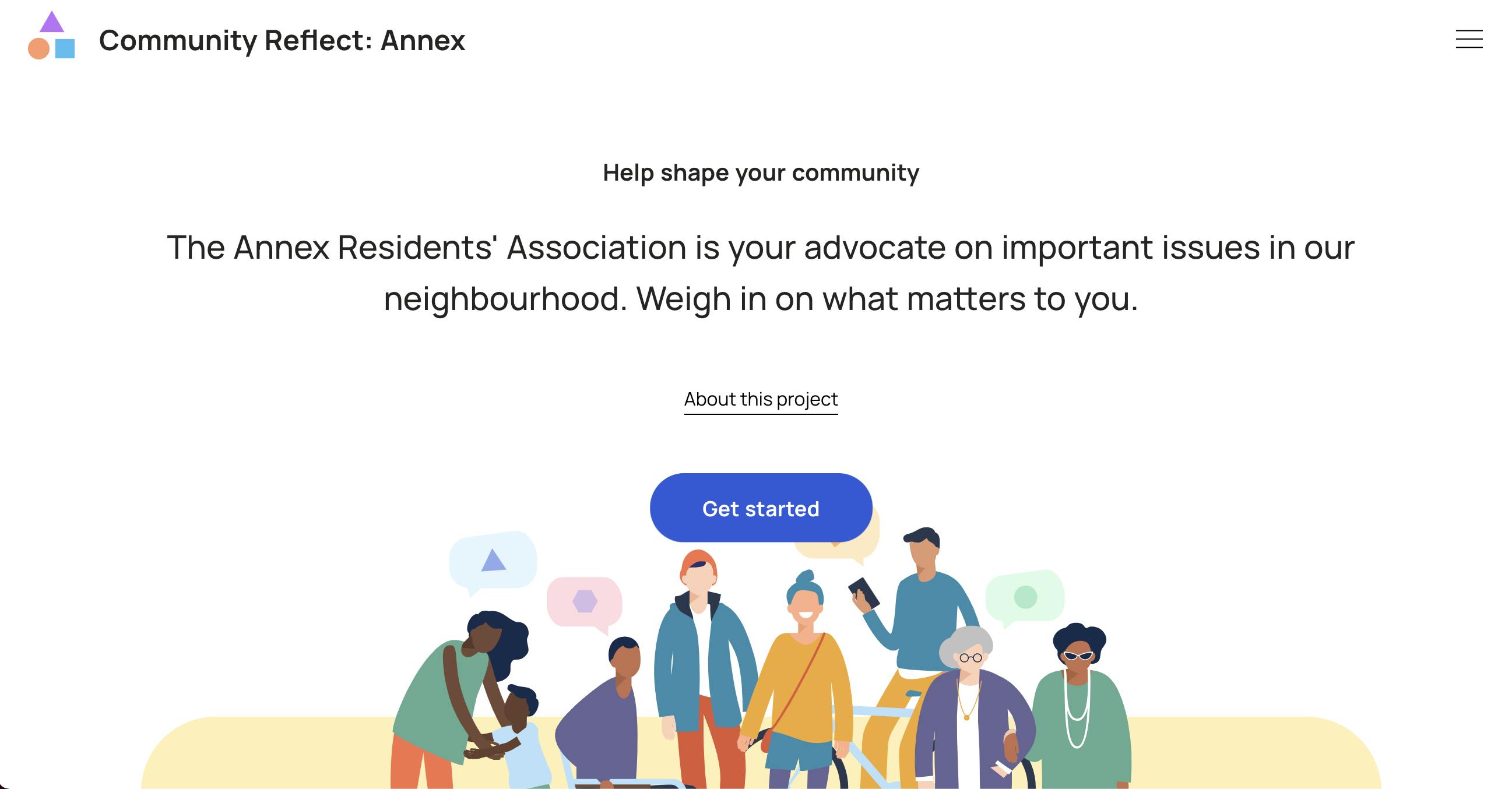 Homepage of Community Reflect tool. Reads: "Community Reflect: Annex. Help shape your community. The Annex Resident's Association is your advocate on important issues in our neighbourhood. Weigh in on what matters to you."