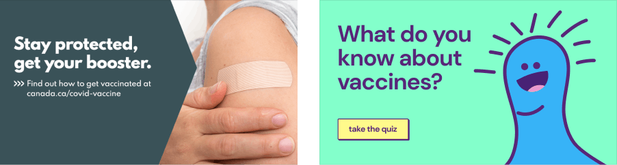 Two examples of ads to drive awareness about the game, one showing a person's arm with a bandaid after receiving a vaccine, the other a cartoon thumb with a smiling face. a vaccine