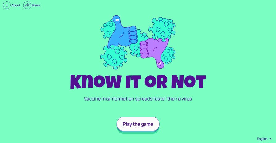 Screen capture of the game Know it or Not showing two opposing thumbs transposed on drawings of virus molecules.