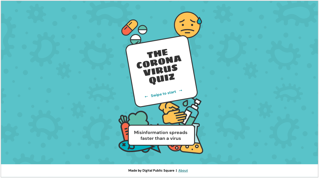 The Coronavirus Quiz homepage screenshot (top header reads: misinformation spreads faster than a virus).