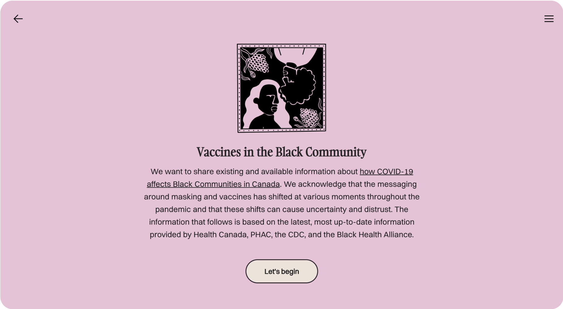 A topic landing screen with a header that reads "Vaccines in the Black Community".