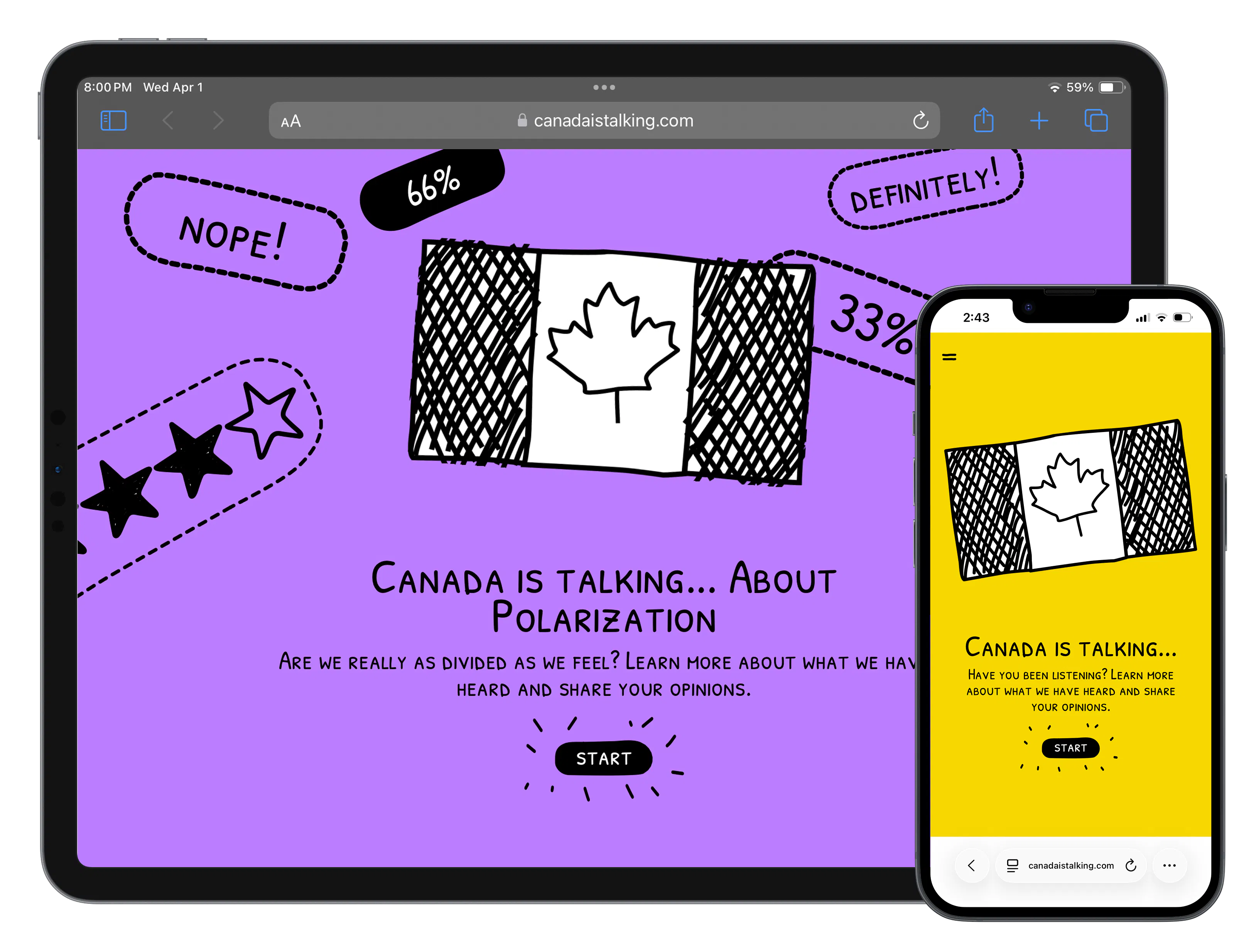 Two versions of the Canada is Talking landing page on a tablet and phone