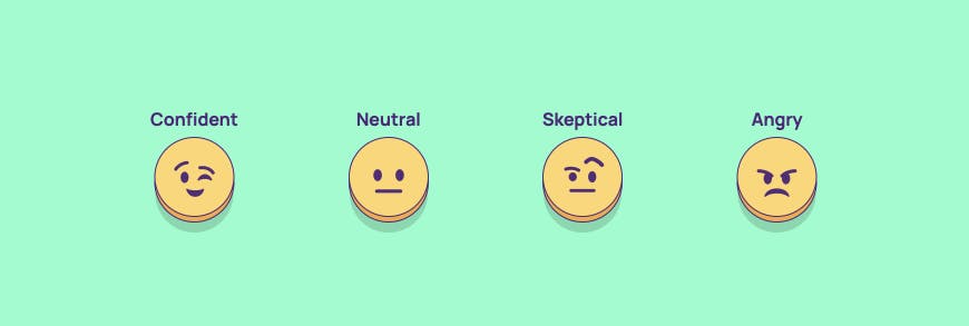 A UI of emojis where a user selects Confident, Neutral, Skeptical, Angry