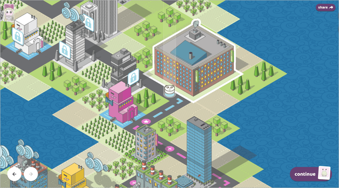 An isometric city landscape that represents the game board.