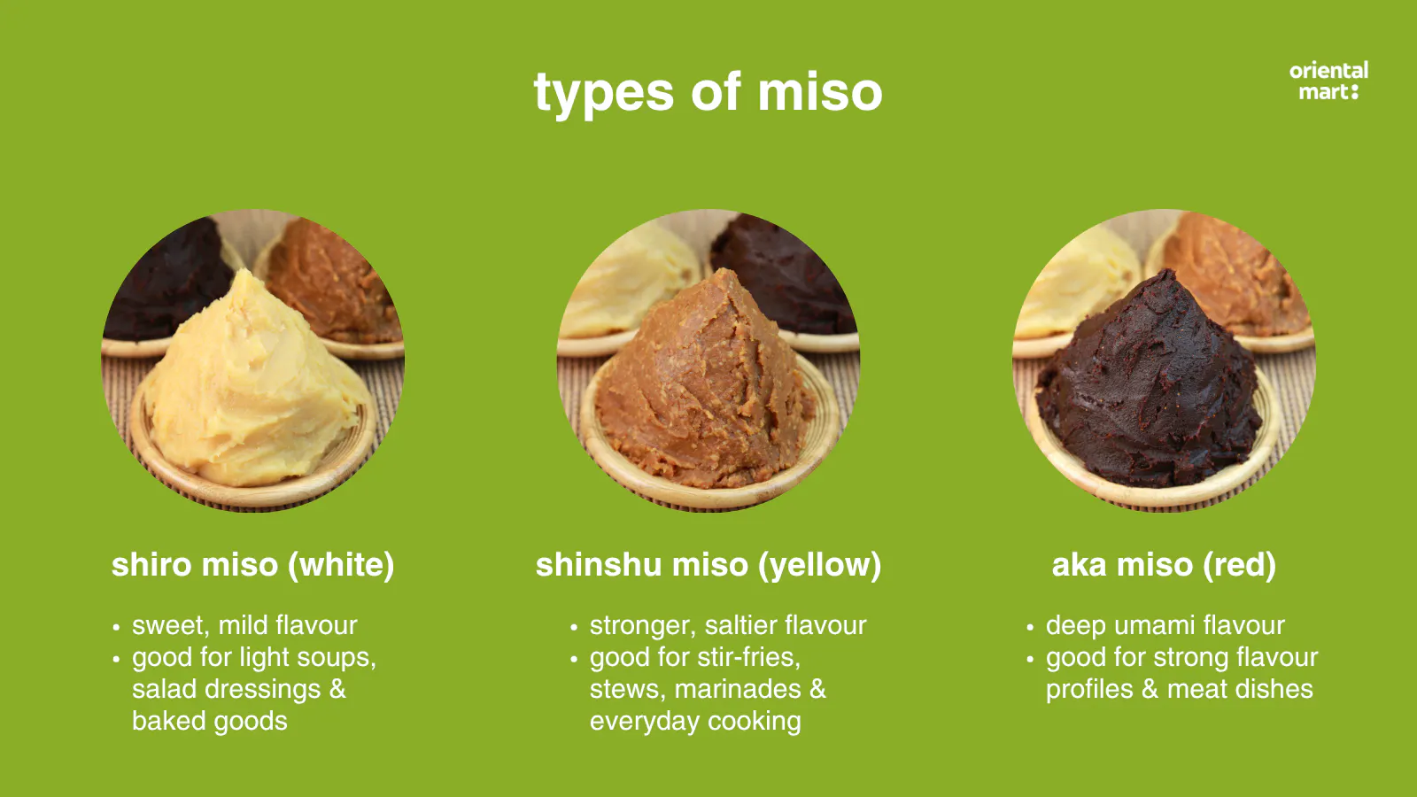 Types of miso, including white, yellow and red and how they're used