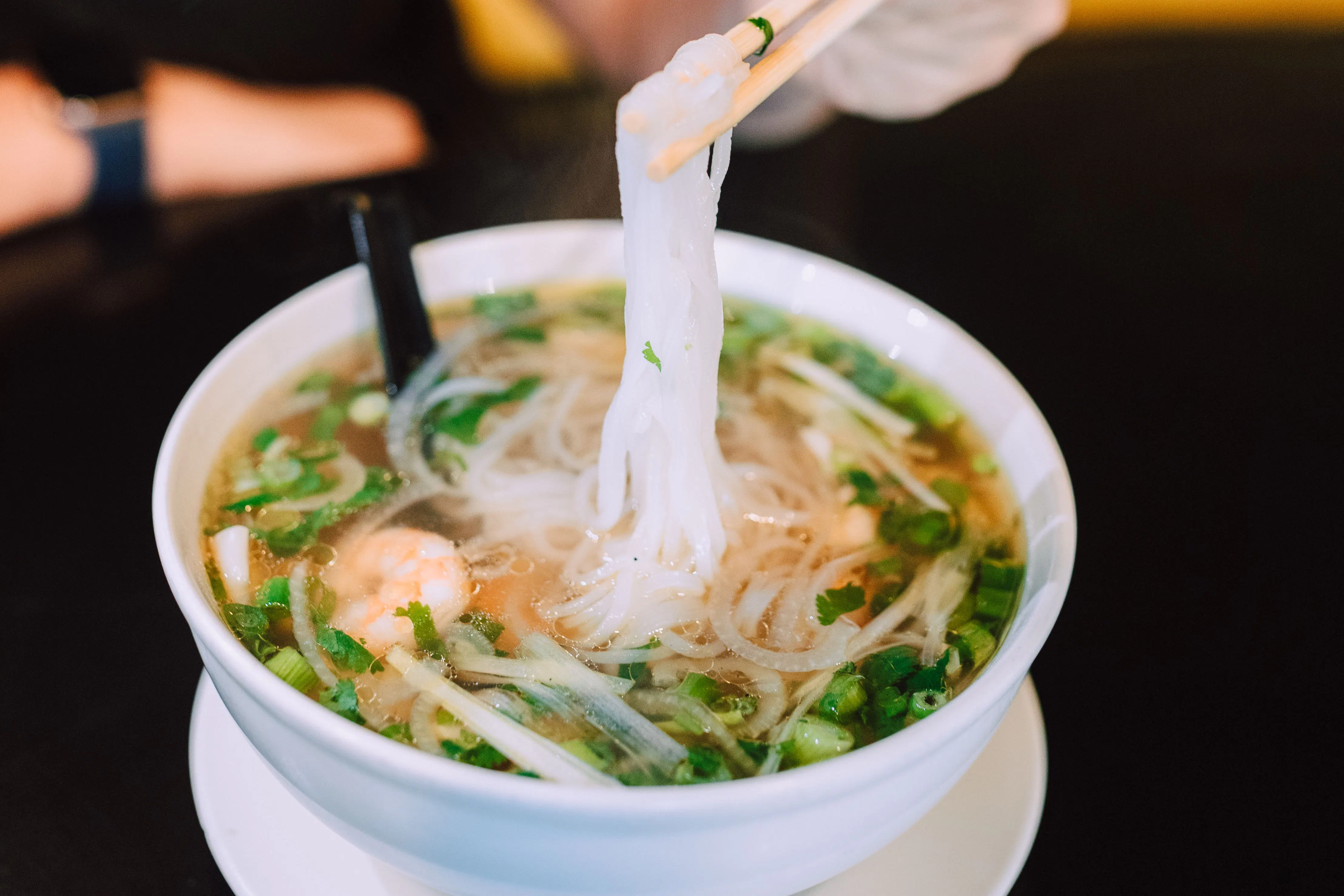 Noodle soup dish with rice noodles