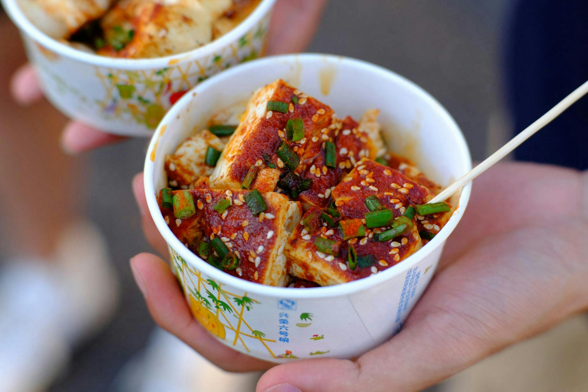 Chinese tofu street food with sesame seeds