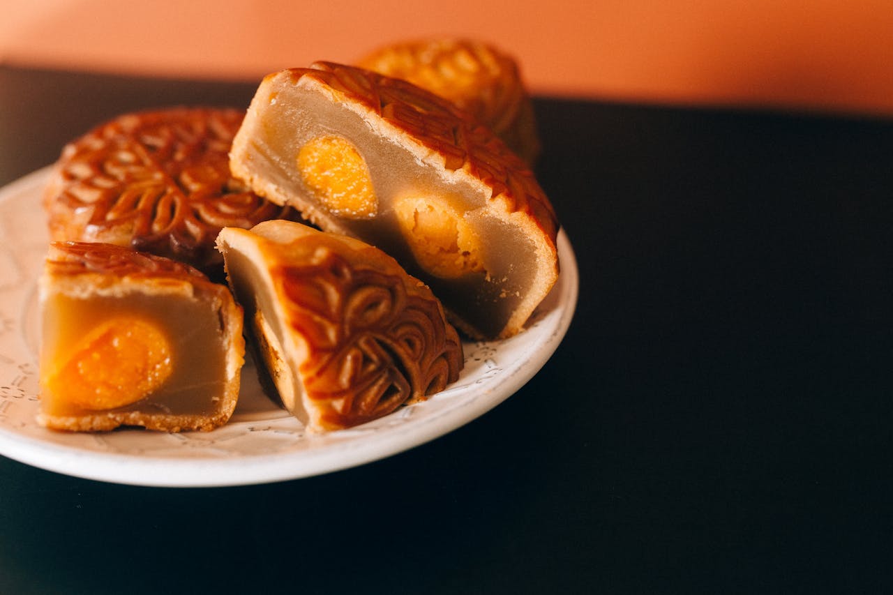 A mooncake with with egg yolk fillings