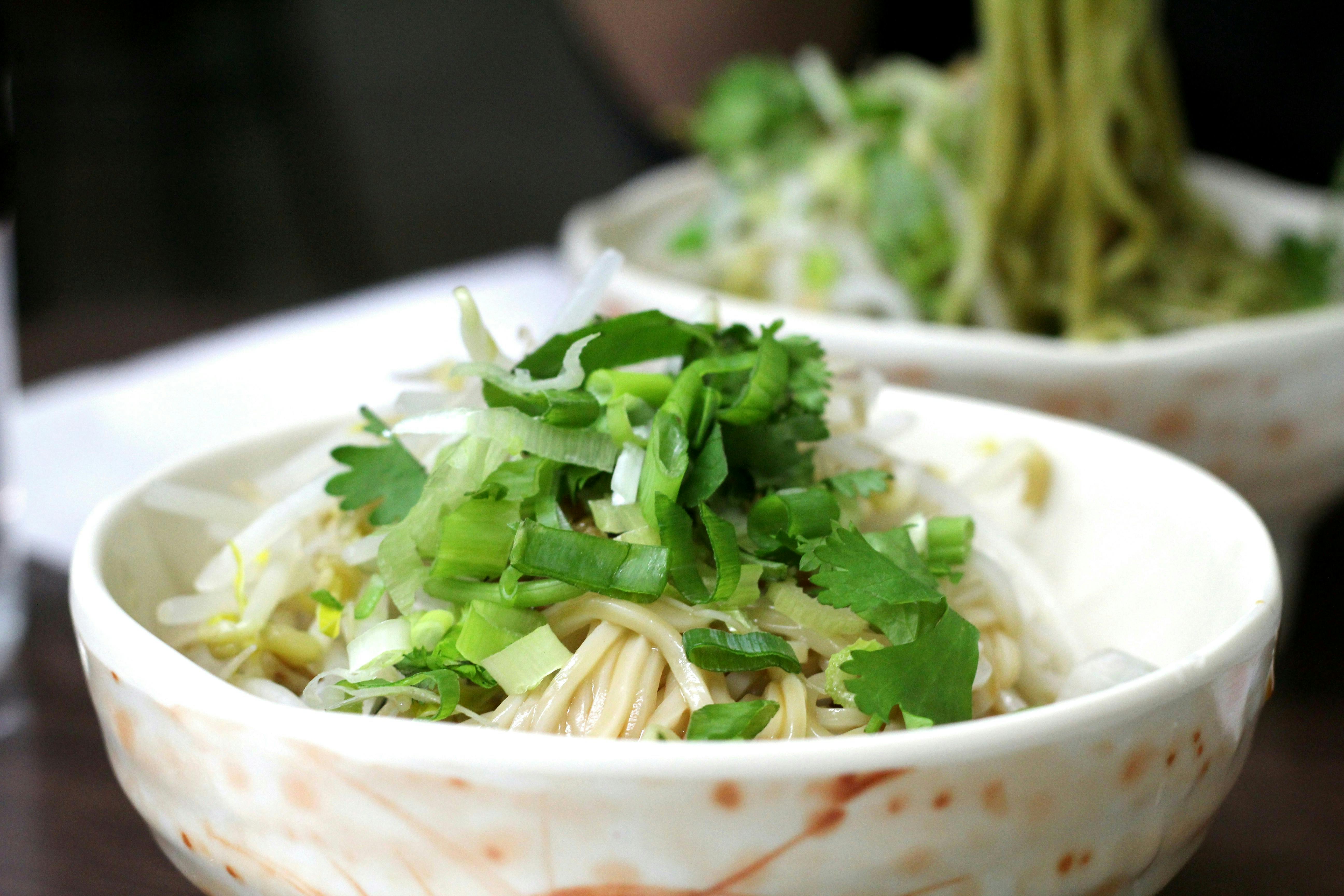 Two bowls of different noodles