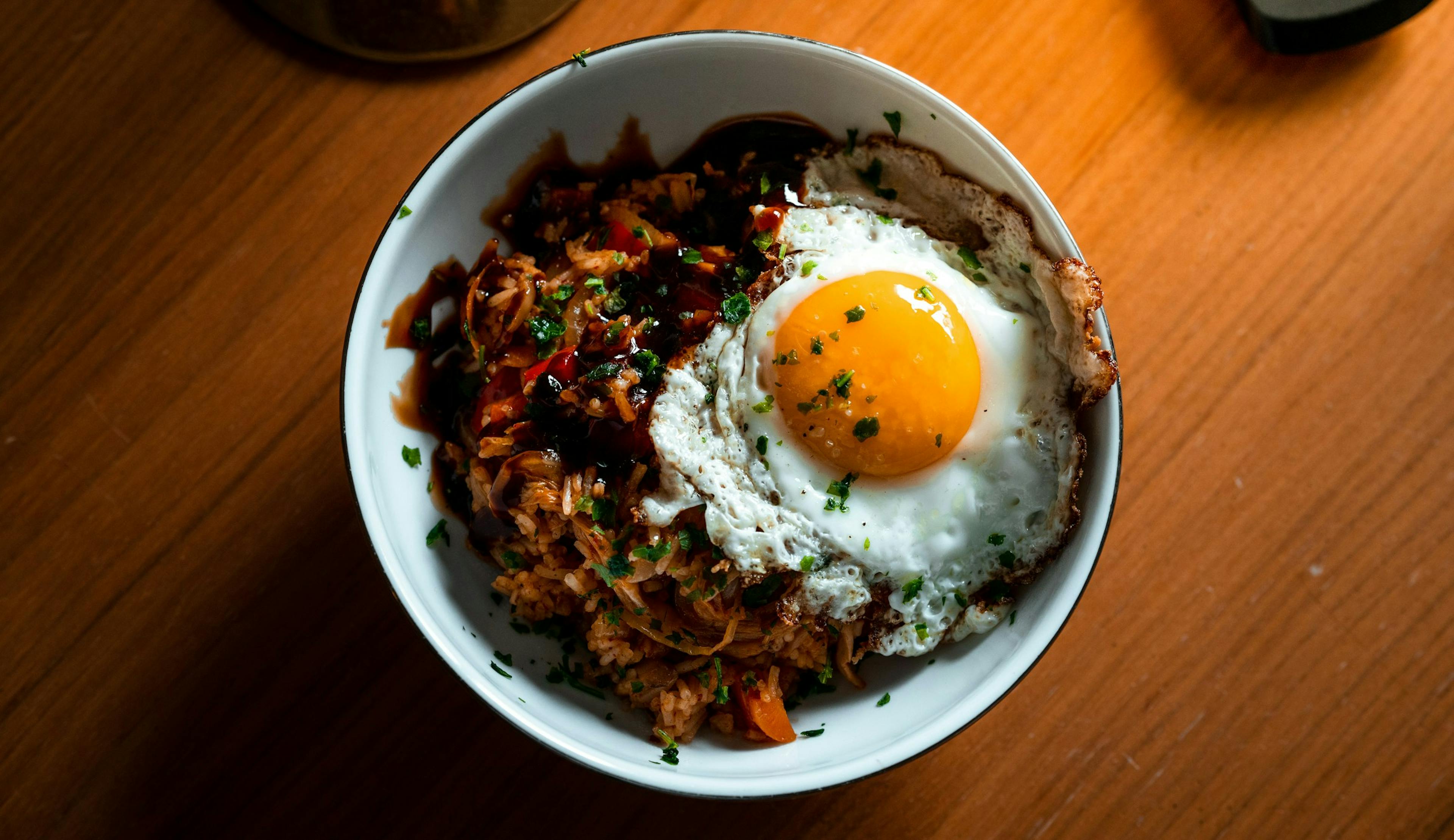 kimchi fried rice with egg and oyster sauce