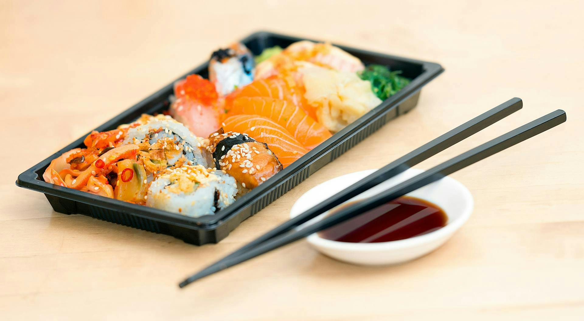 various Japanese sushi with soy sauce
