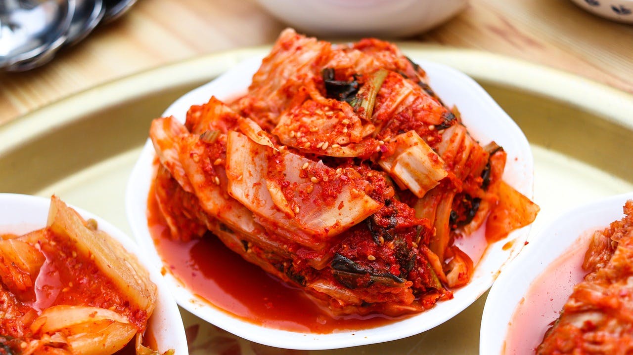 A small bowl of kimchi