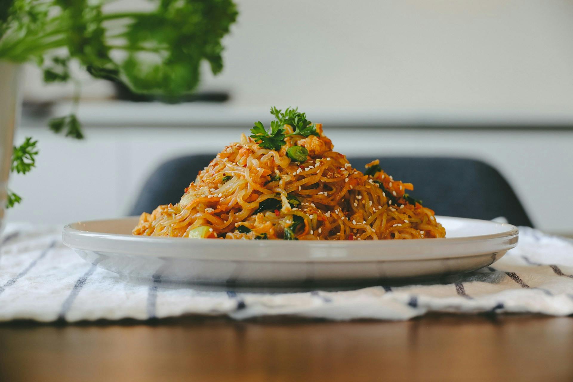 Plate piled with rice noodles