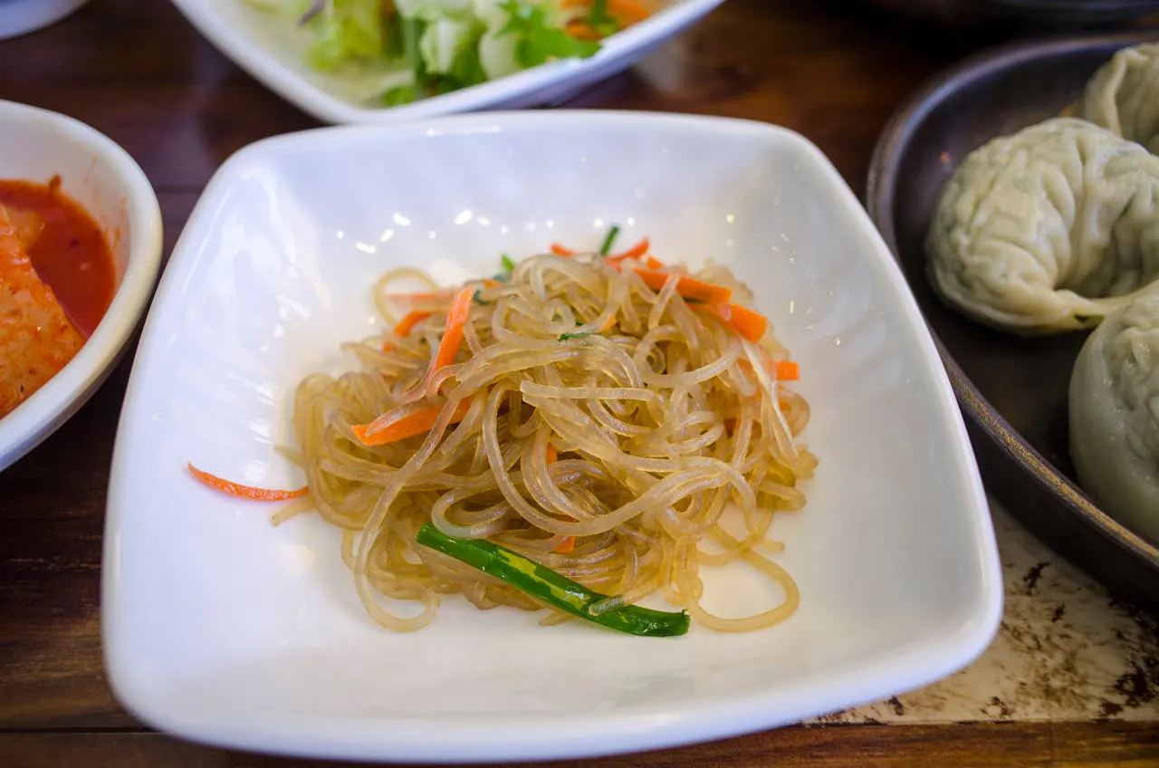 Bowl of japchae noodles