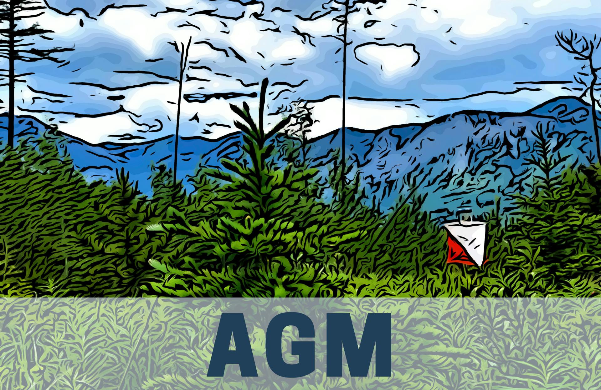 cartoon-style pictures of a mountain landscape with an orienteering control - and text that says AGM