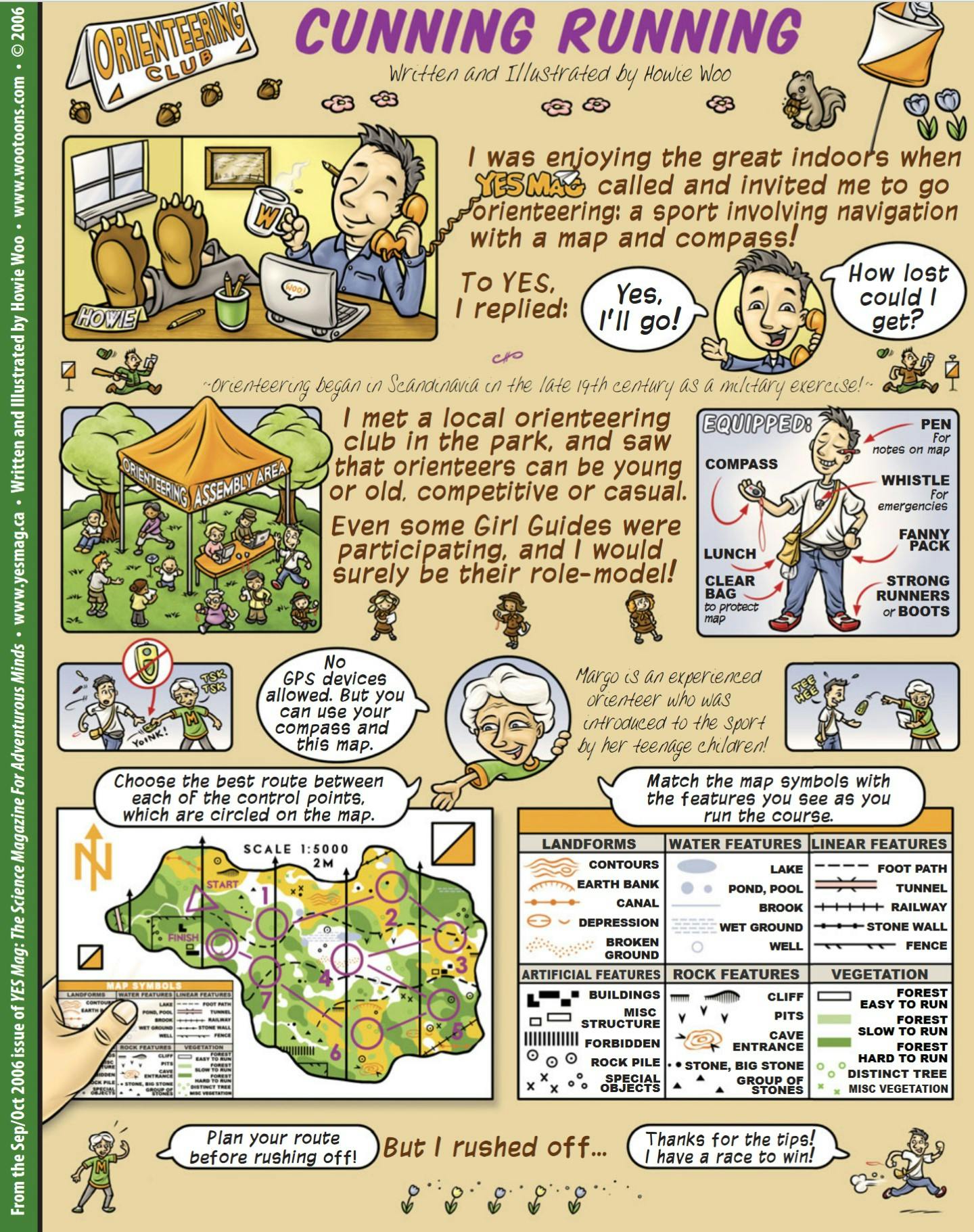Page 1 of 2 of a cartoon by Howie Woo describing what happens at an orienteering event.