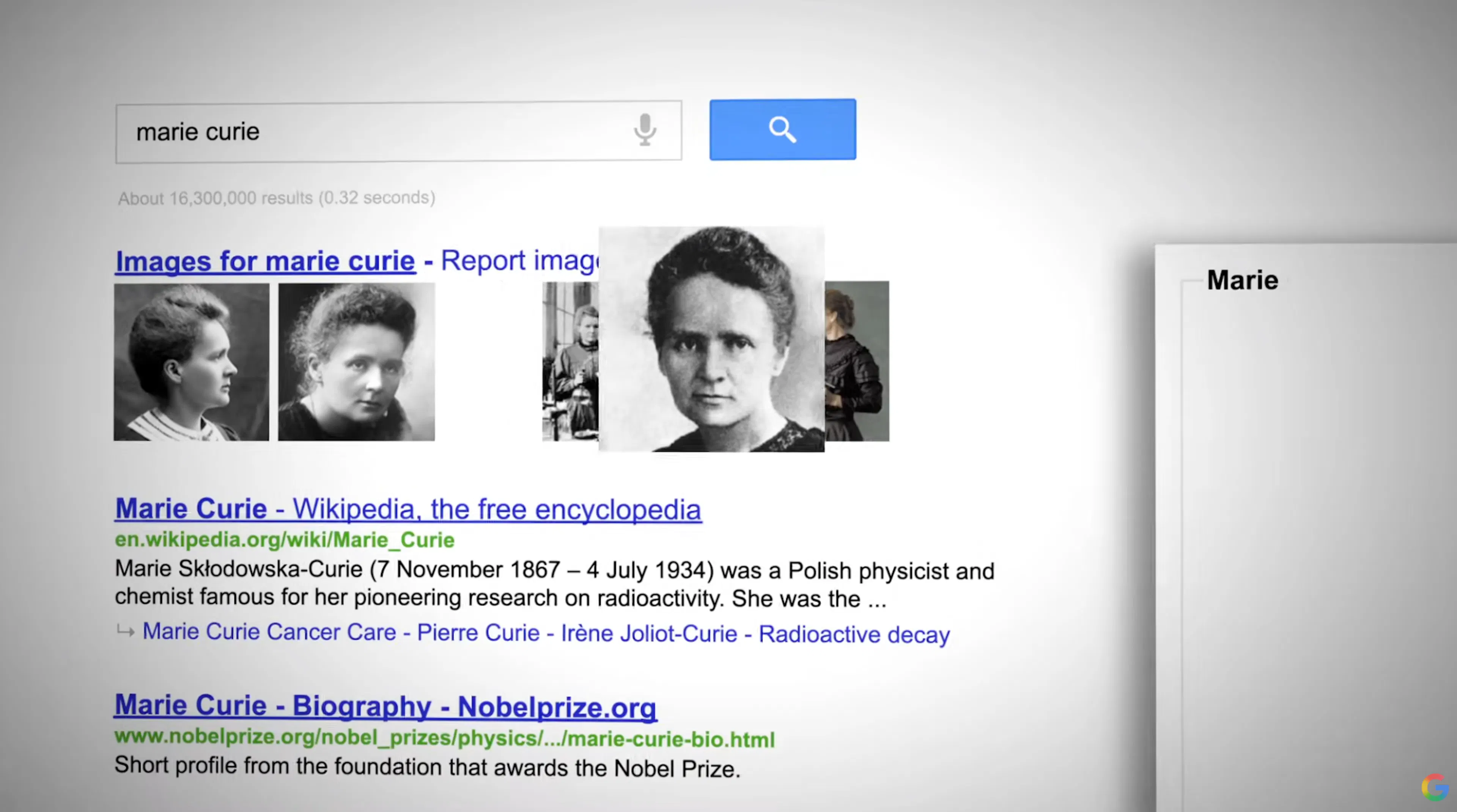 Recherche Google sur Marie Curie