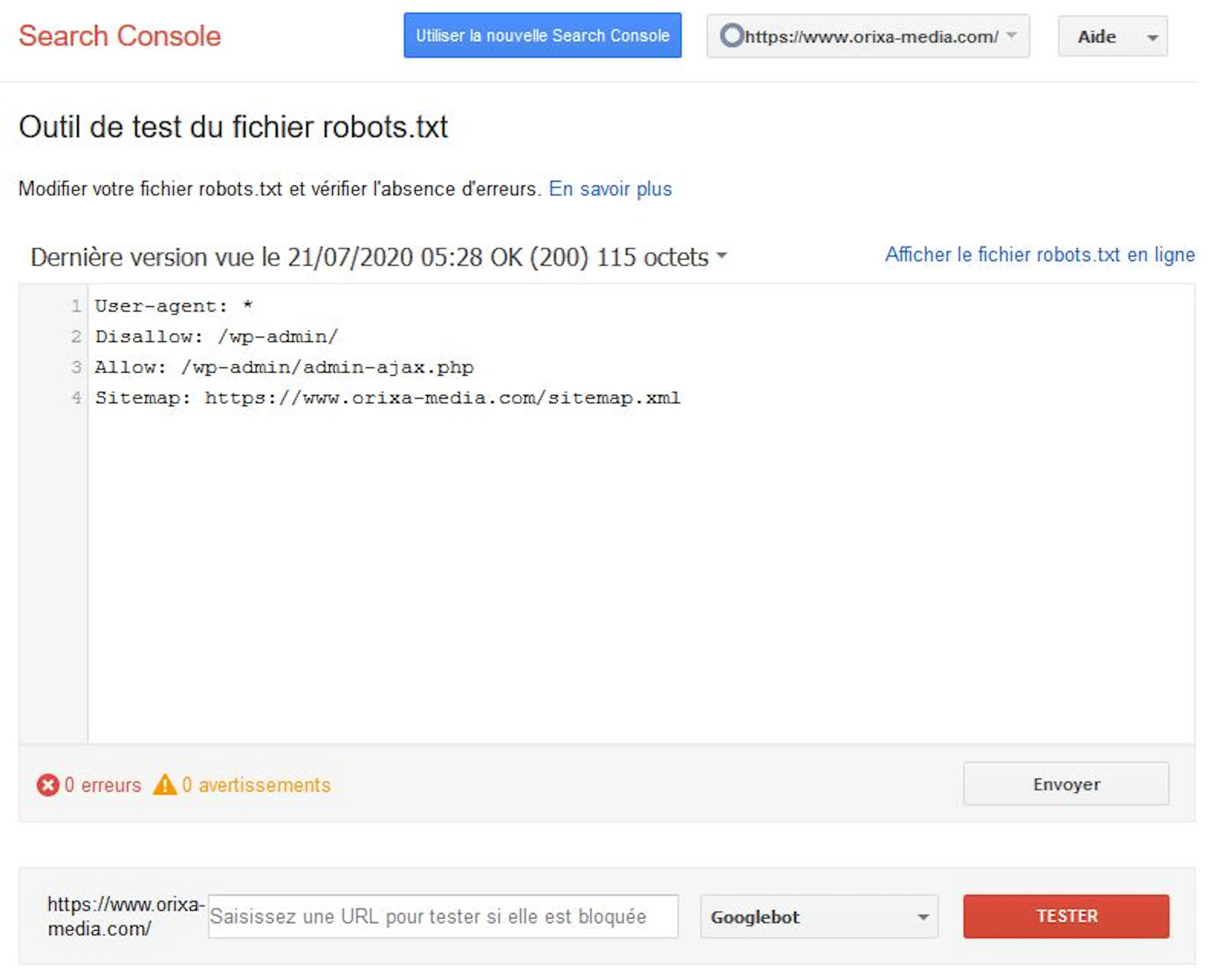 Search console : test du fichier robots.txt