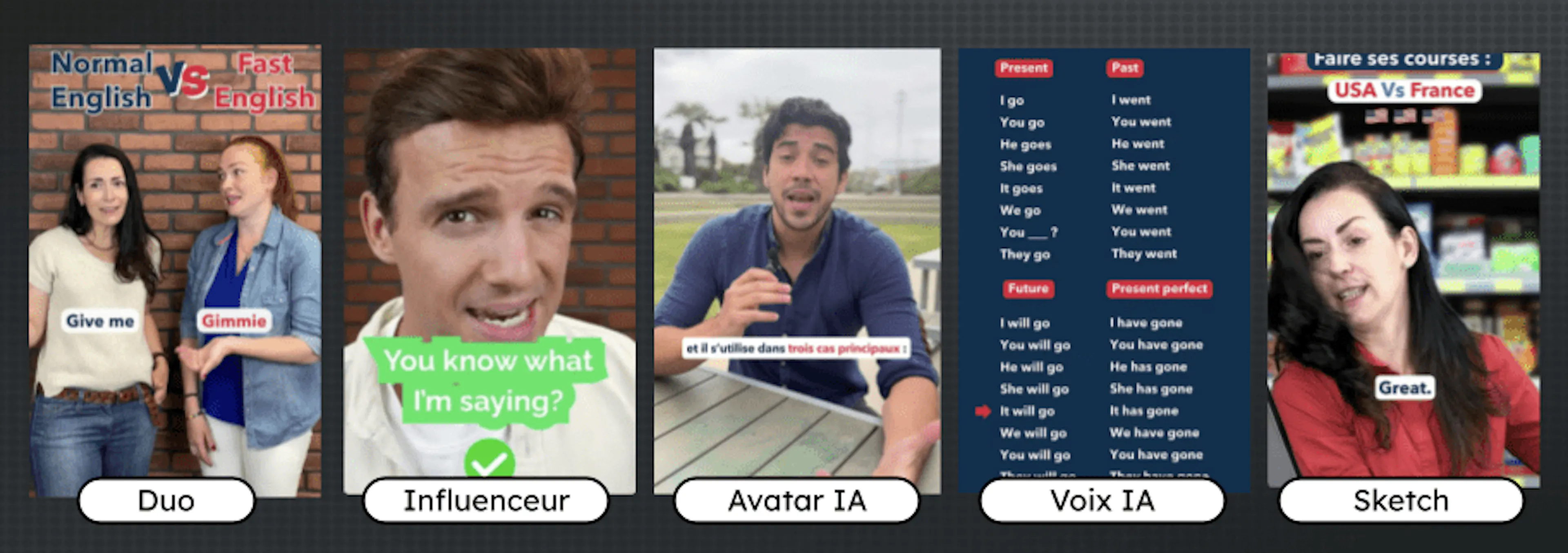 Formats vidéo : Suo, Influenceur, Avatar IA, Sketch
