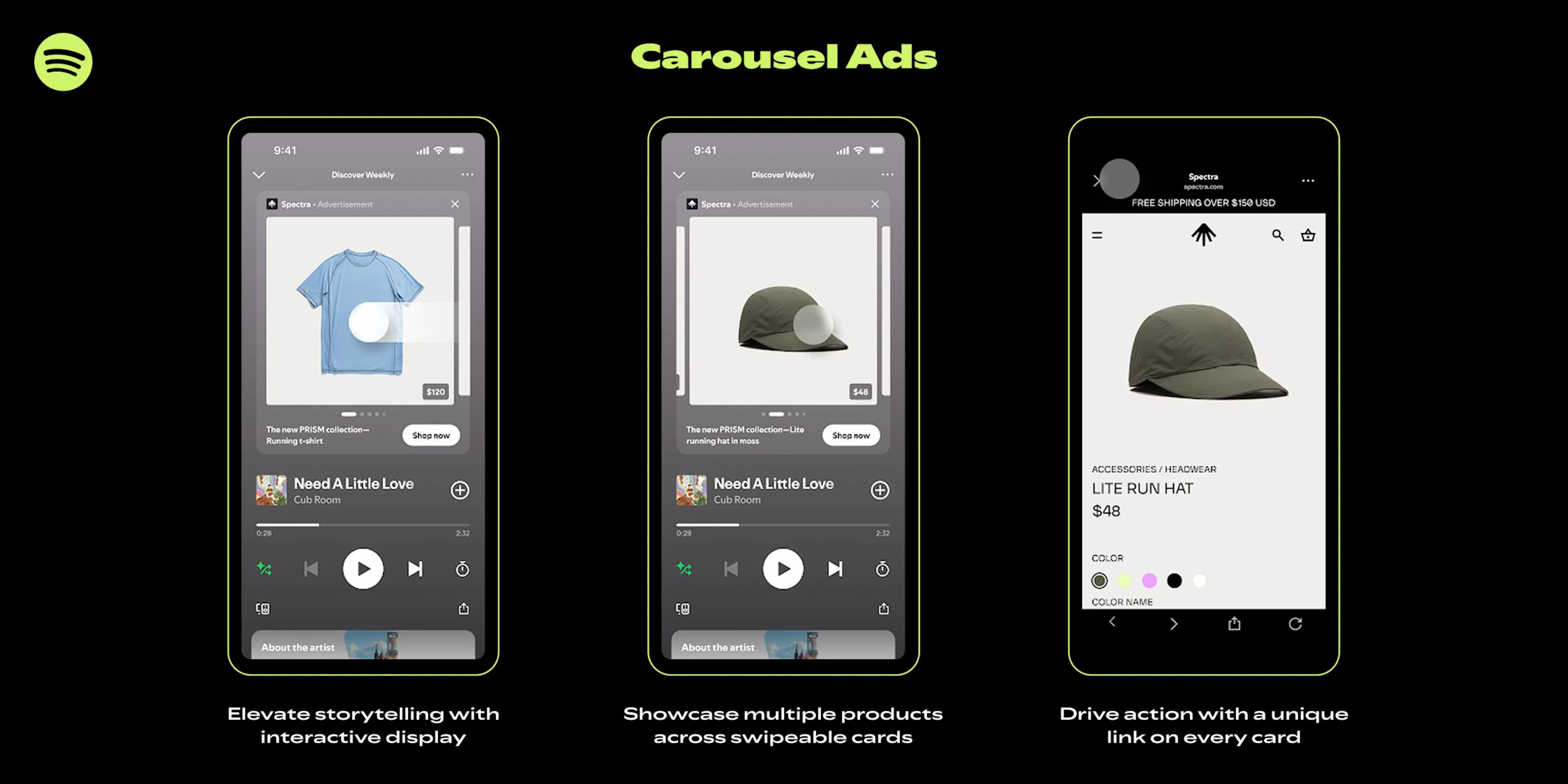 Plusieurs écrans spotify, avec le format Carousel Ads