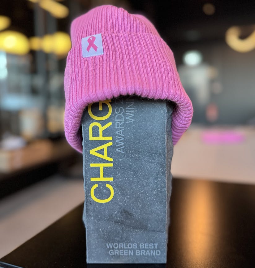 Bleik húfa til styrktar Krabbameinsfélaginu á verðlaunagrip frá Charge.