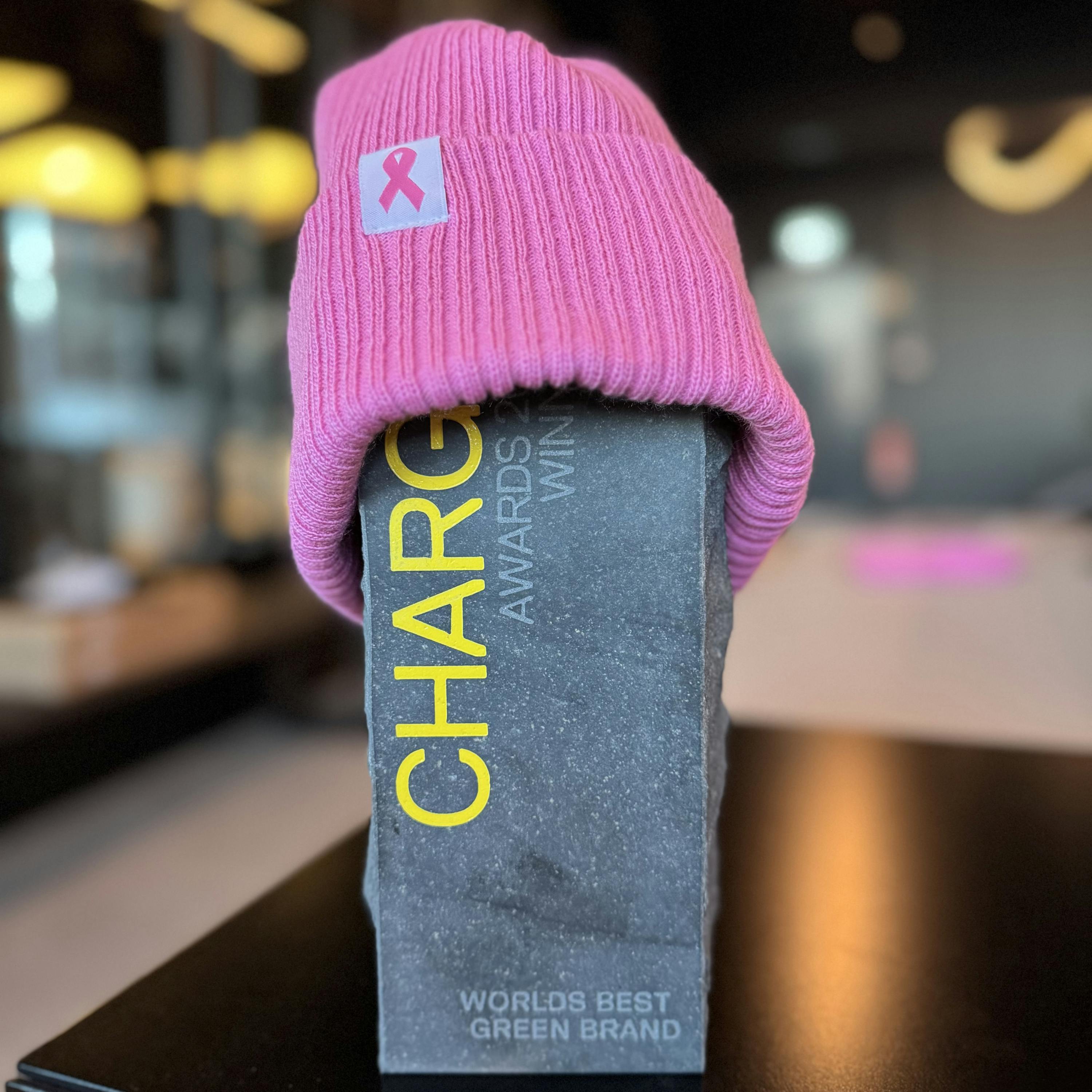 Bleik húfa til styrktar Krabbameinsfélaginu á verðlaunagrip frá Charge.