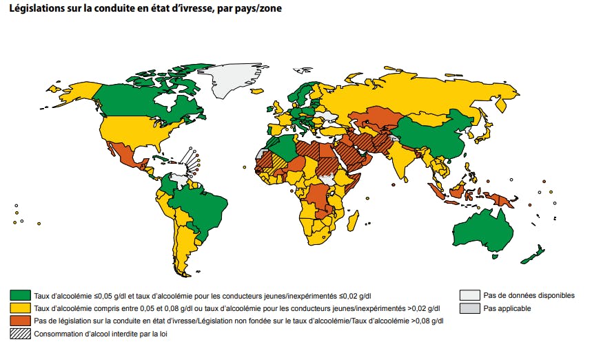 Carte mondiale représentant les taux d'alcoolémie