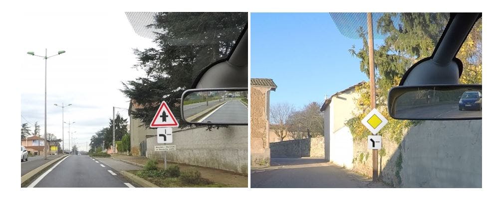 Photographies montrant un panneau de priorité à droite et un panneau de route prioritaire.