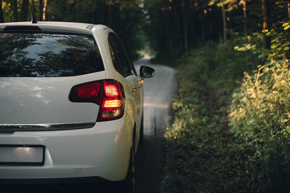 Voiture blanche roulant en foret
