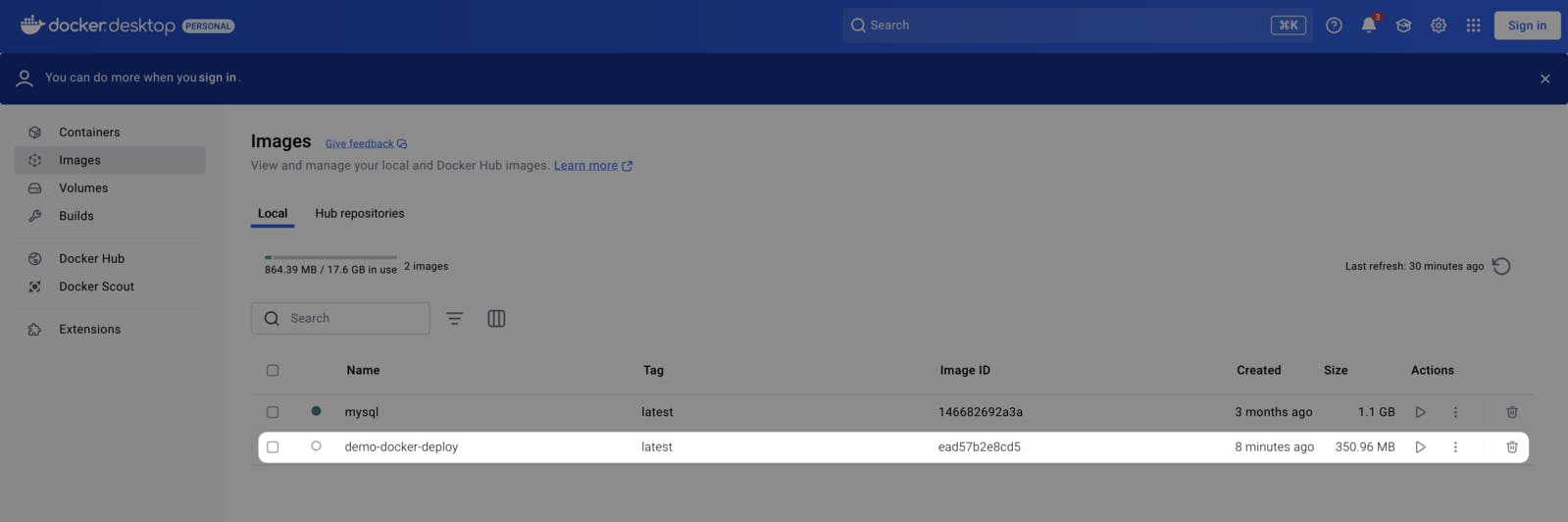Image Docker générée depuis l'interface de Docker Desktop