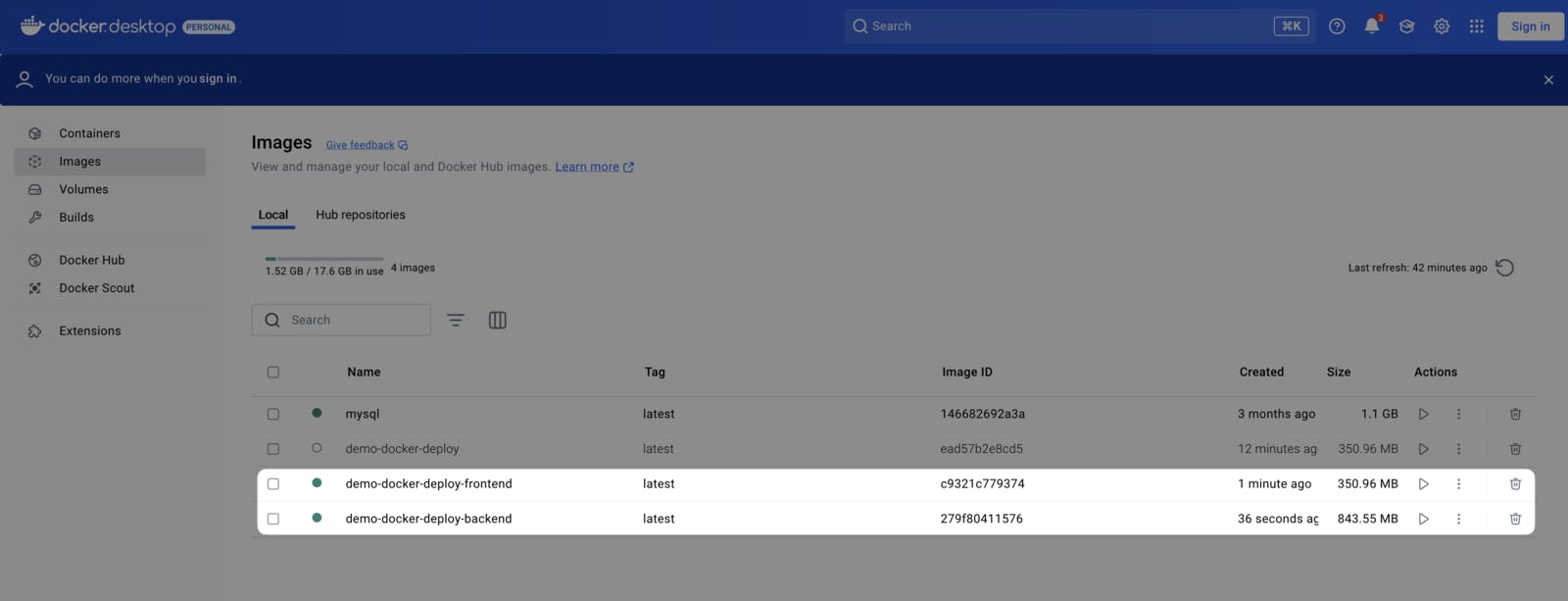 Image Docker générée après exécution du fichier docker-compose.yml depuis l'interface de Docker Desktop
