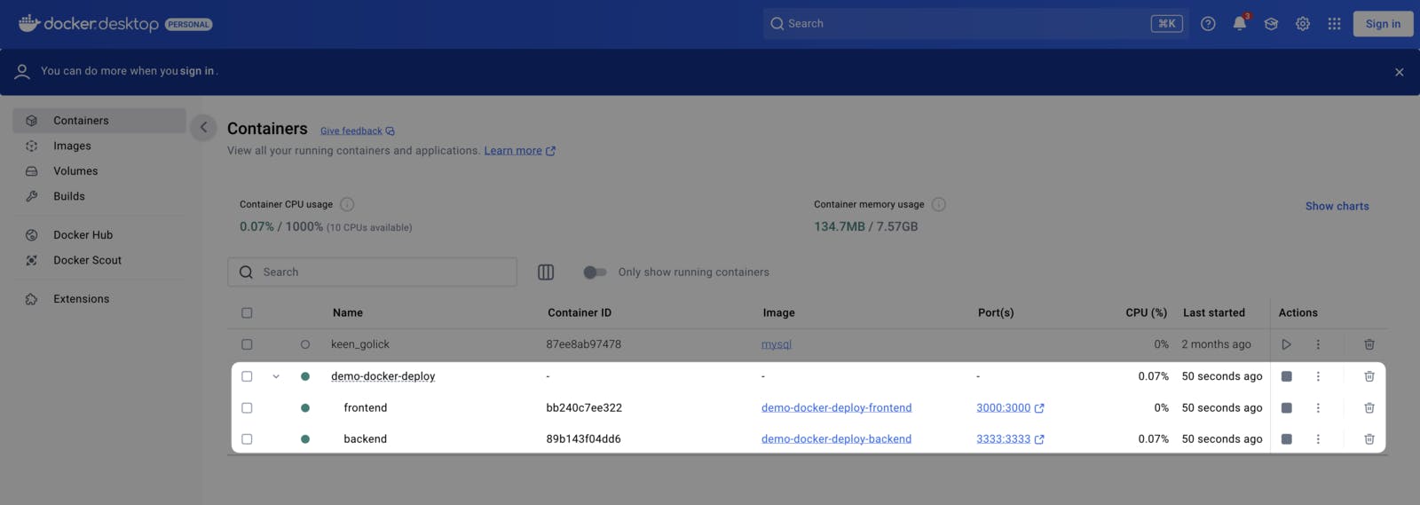 Conteneurs Docker lancés après exécution du fichier docker-compose.yml depuis l'interface de Docker Desktop