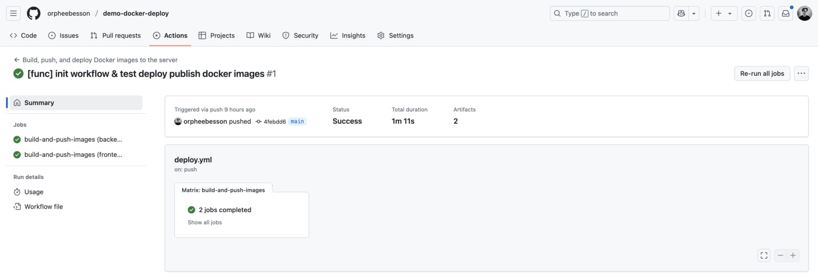 Interface de l’activité pour une exécution de workflow dans GitHub
