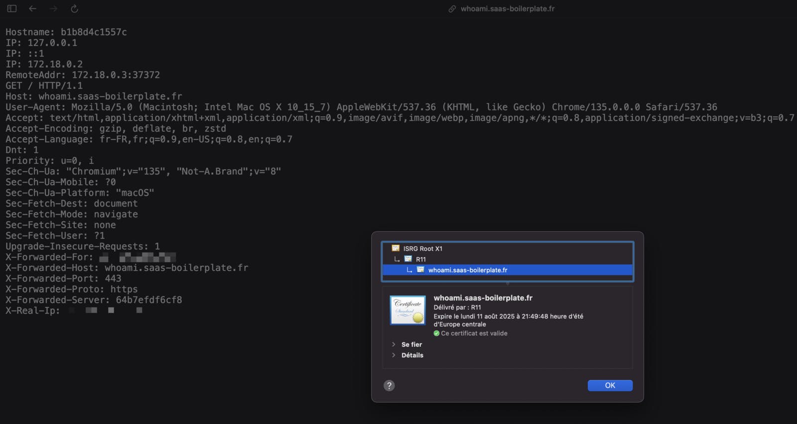 Service whoami exposé sur l'adresse whoami.saas-boilerplate.fr avec un certificat HTTPS valide