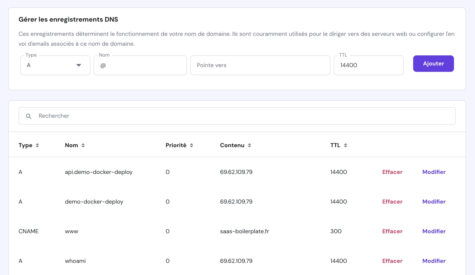 Exemple d'une configuration d'enregistrements DNS