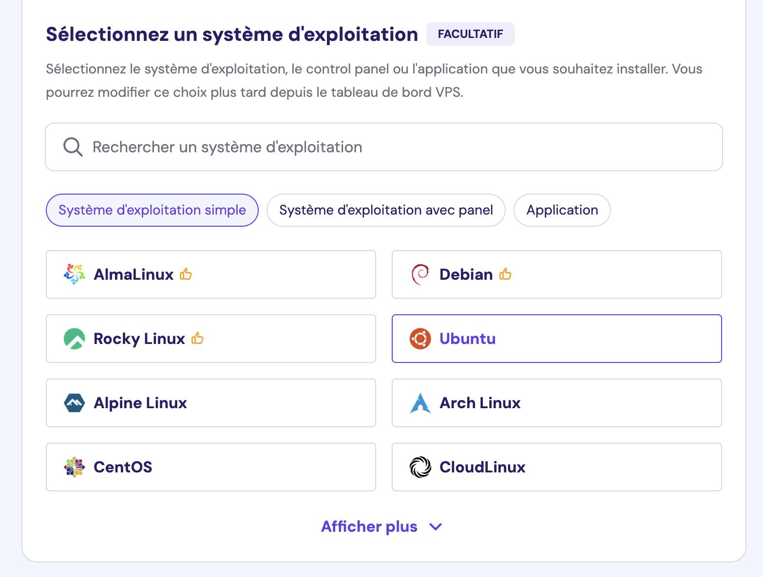 Choix du système d'exploitation du serveur avec Ubuntu sélectionné