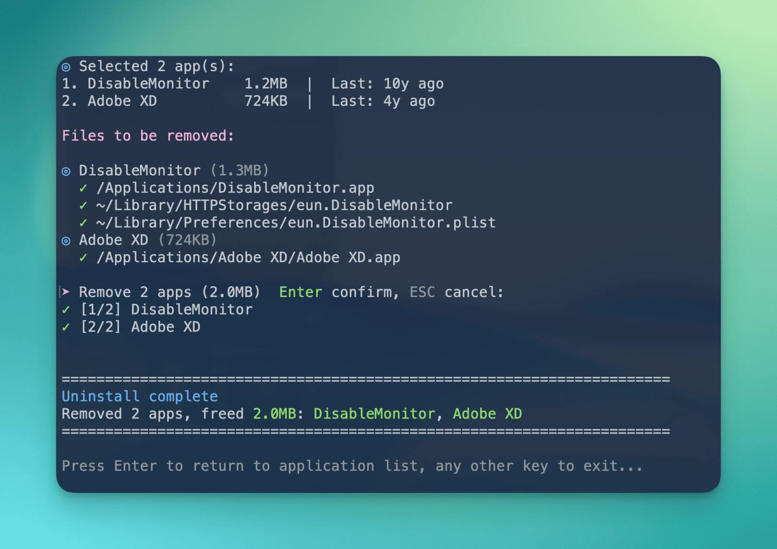 Rendu de la commande mo uninstall après exécution