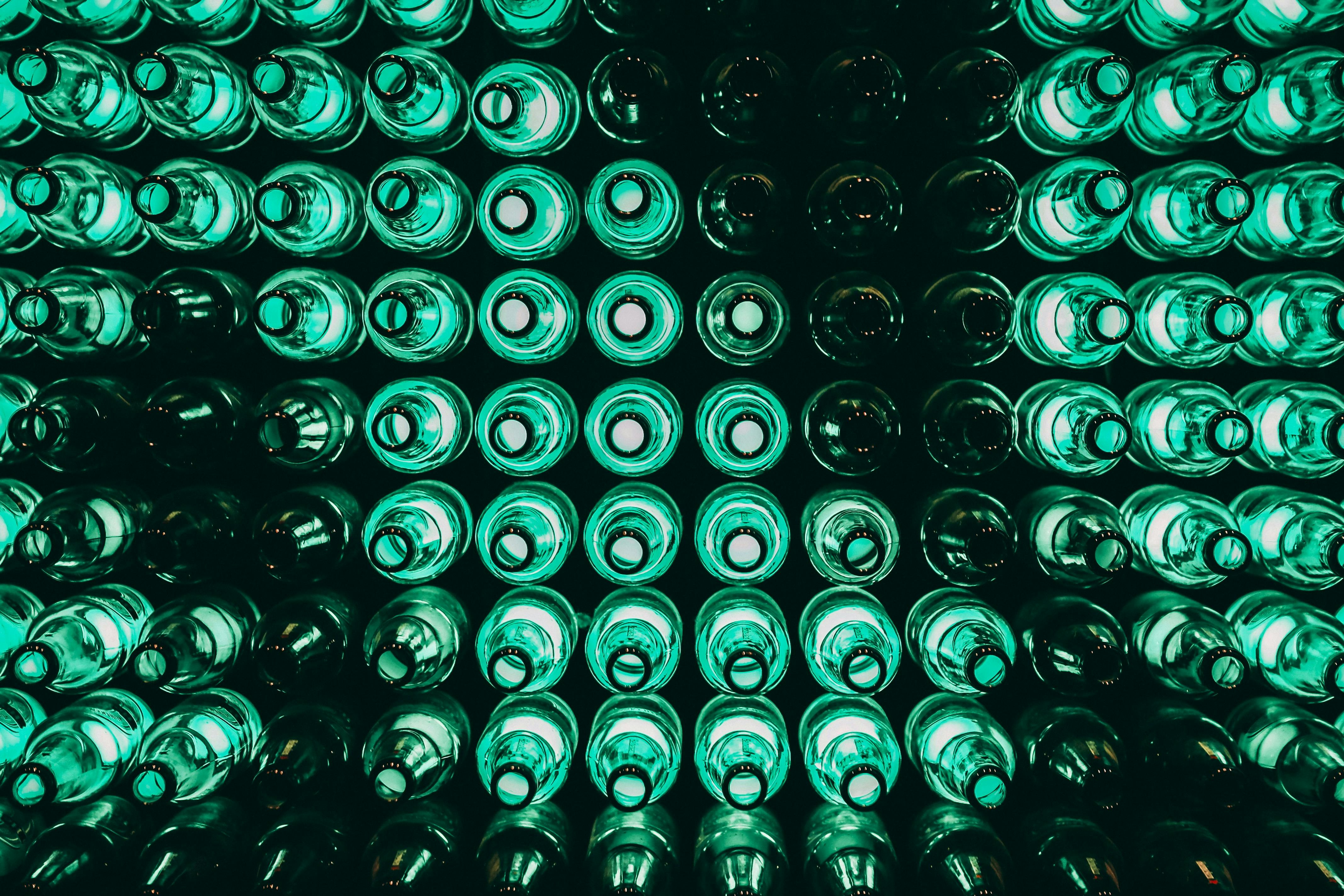 Birds-eye view of Heineken bottles